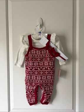 Shabby Chic Red and White Fair Isle Knit Overalls Set